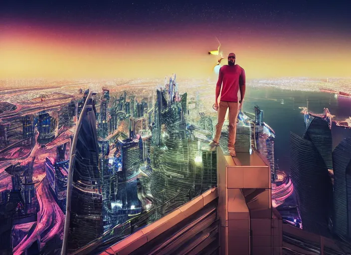 Image similar to closeup of a man [ standing on the pinnacle of the burj khalifa ]!!, holding a camera, viewing out into a [ futuristic cityscape ]!!, dusk atmosphere, digital art illustrated by max hay and greg rutkowski, [ 8 0 s neon art style ]!!, neon wallpaper!!, golden ratio!!, centered!!