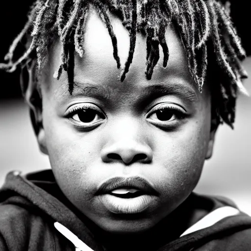 Image similar to the face of young juice wrld at 1 years old, black and white portrait by julia cameron, chiaroscuro lighting, shallow depth of field, 8 0 mm, f 1. 8