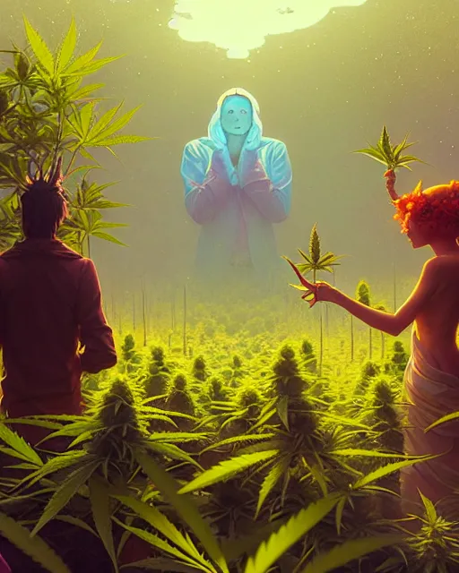 Prompt: highly detailed surreal vfx portrait of a marijuana weed cult, stephen bliss, unreal engine, greg rutkowski, loish, rhads, beeple, makoto shinkai and lois van baarle, ilya kuvshinov, rossdraws, tom bagshaw, alphonse mucha, global illumination, detailed and intricate environment