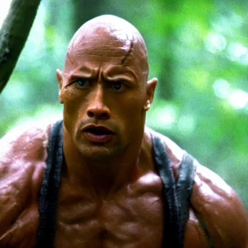 Image similar to film still of a mud - covered dwayne johnson as dutch looking in panic in predator 1 9 8 7, hd, 8 k