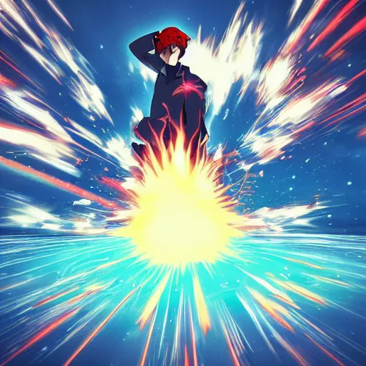 Image similar to man hitting the ground creating a explosion, anime, album cover