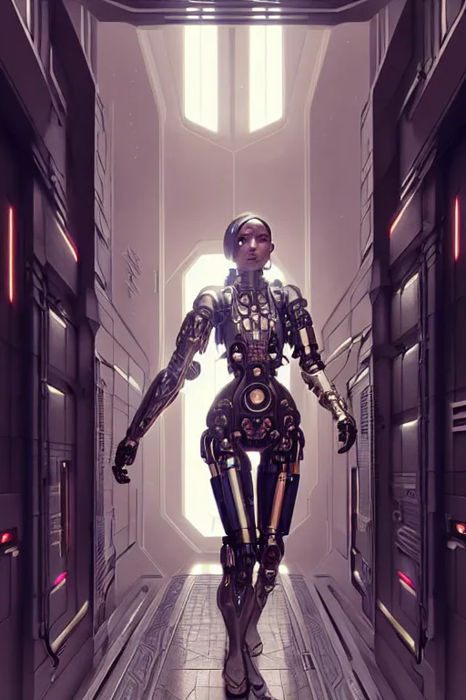 Image similar to ultra realistic, beautiful female cyborg in a utopian hallway in a space megalopolis, sci - fi, intricate details, eerie, highly detailed, octane render, 8 k, art by artgerm and alphonse mucha and greg rutkowski