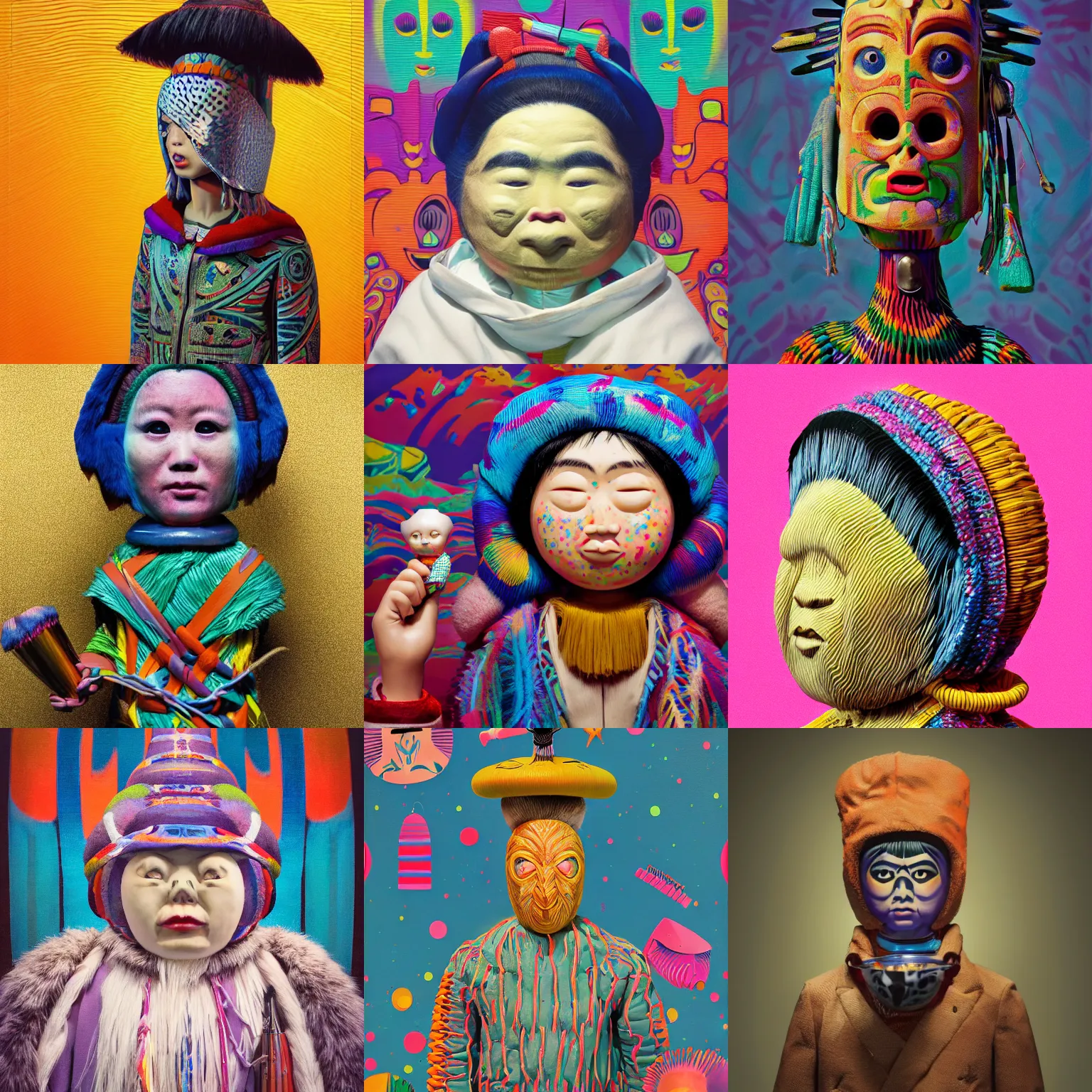 Prompt: a fresh stylized portrait of a Selk'nam with a Capirote, Plastic toy, art toy, by Hikari Shimoda , Al Feldstein , mark ryden, Yayoi Kusama, lisa frank , funny, Award winning photo, iridiscense, Houdini algorithmic generative render, dramatic lighting, volumetric light, Accurate and detailed, sharp focus, octane render 8k ,