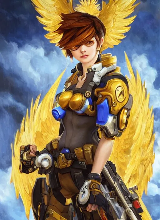 Image similar to full body oil painting of tracer overwatch in the style of sophie anderson, angel wings, angelic golden armor, dramatic painting, symmetrical composition, ornate, high detail, gold detailed collar, blooming, lights, flowers, detailed face,
