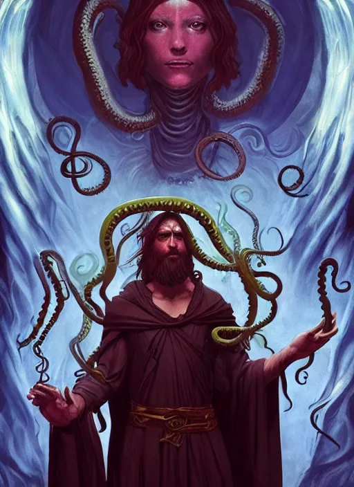 Prompt: modern movie poster of an short haired ancient greek warlock with magic lovecraftian tentacles in the background, dungeons and dragons artwork, dramatic lighting, digital painting, masterpiece, by leonardo da vinci, raphael, artgerm, greg rutkowski, vibrant colors