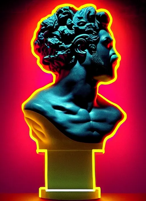 Image similar to bust of hercules, beeple, vaporwave, retrowave, black background, neon wiring, black, glitch, strong contrast, cuts, pinterest, trending on artstation