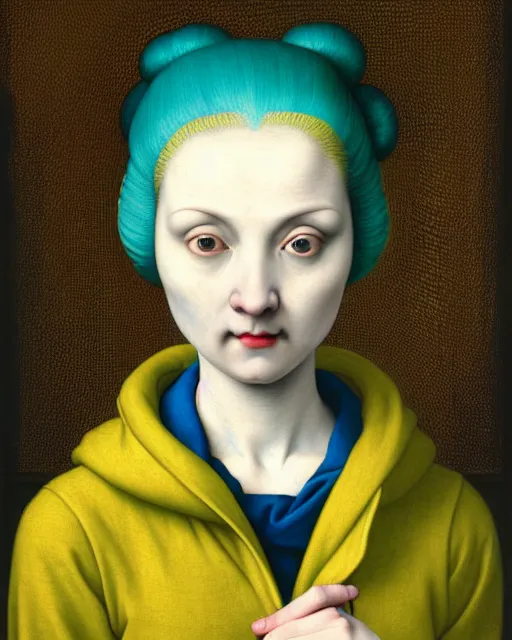 Prompt: portrait of a pale curvy woman with green blue hair buns, wearing a yellow hoodie, standing in the bedroom, intricate details, high detail, black background, in a high renaissance style, in the style of jacopo da pontormo, by mark ryden, punk, asian art,