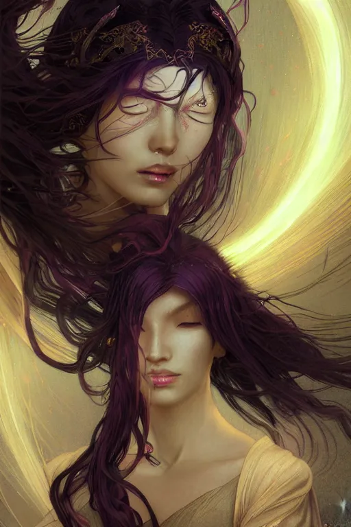 Image similar to beautiful mythical and mystery and gorgerous and black magic female ninja portrait+shiny eyes+light flowing hair, in mudra night ruin tokyo temple, ultradetail face, art and illustration by tian zi and craig mullins and WLOP and alphonse mucha, rim lght, fantasy, intricate complexity, human structure, fantasy world concept, watermark, blurry, hyperrealism 8k