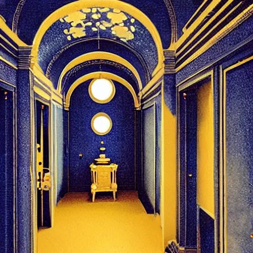 Image similar to a black nightmare in a blue and gold haunted liminal abandoned room, film still by wes anderson, limited color palette, very intricate, art nouveau, highly detailed, strong lights, liminal, eerie, bright pastel colors