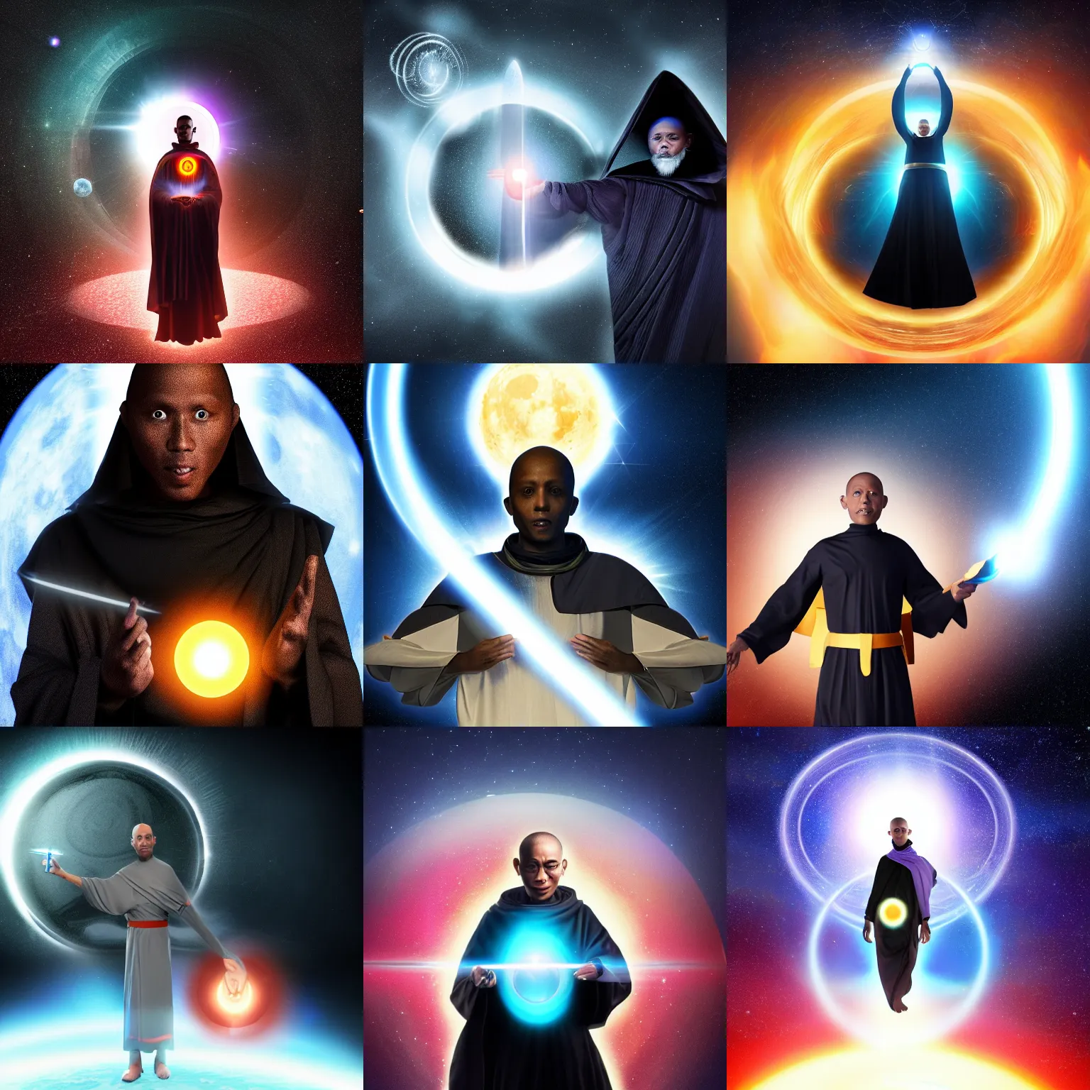 Prompt: futuristic monk with a black hole instead of his head holding an energy sword, 4K, very aesthetic, award winning, moon surface background