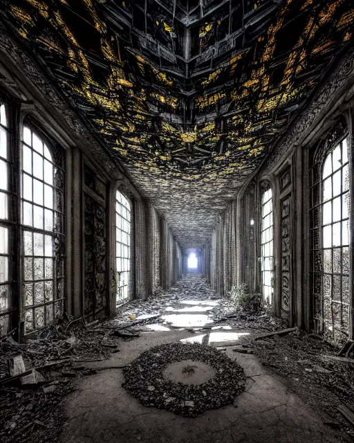 Image similar to a beautiful hyperdetailed rendering of pathway urbex city unfinished building building abandoned nature by louis sullivan, galactic hyperrealism myst at night reclaimed by nature magic realism darkacademia tokyo thermal imaging infrared sea, archdaily, wallpaper, highly detailed, trending on artstation.