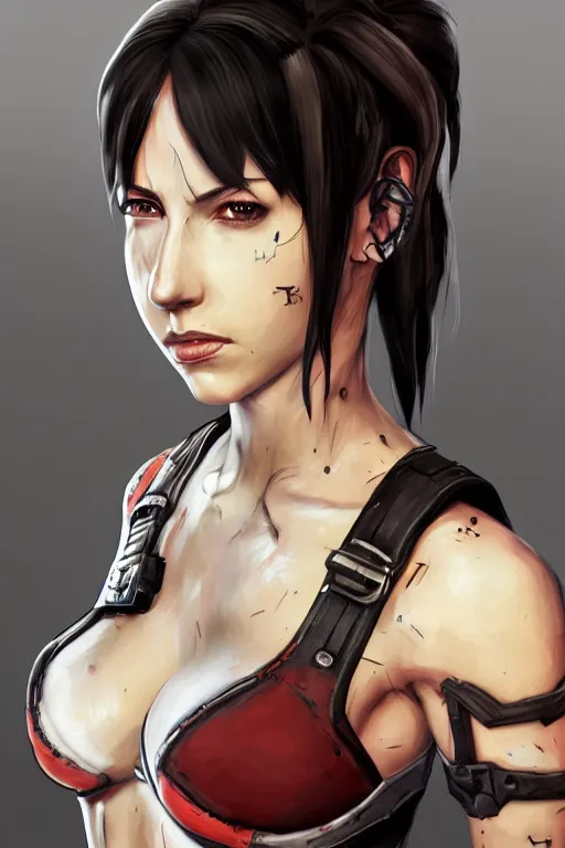 Prompt: borderlands style portrait of tifa lockhart, intricate, highly detailed, digital painting, artstation, concept art, smooth, sharp focus, illustration