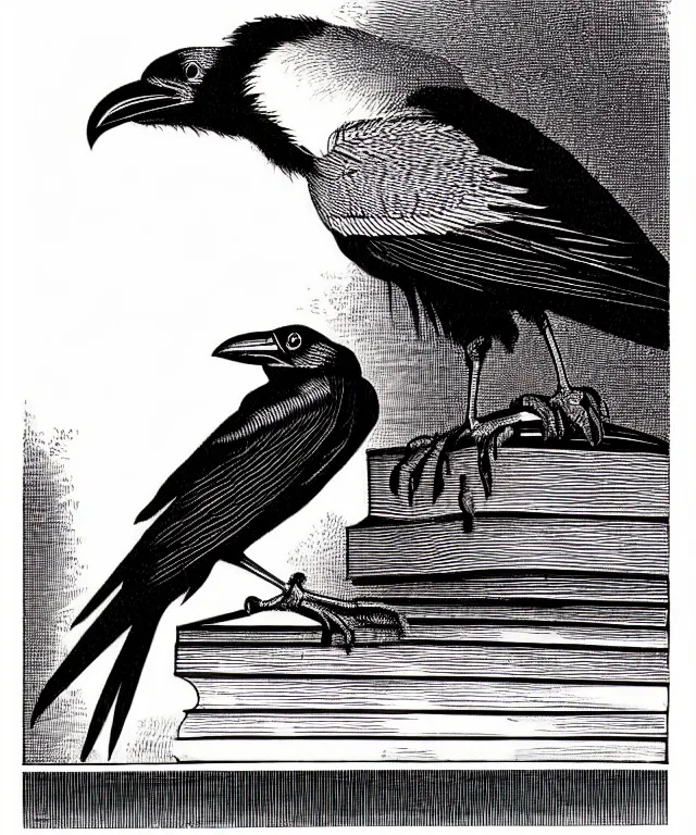 Prompt: crow perched on top of a stack of books, art by james o barr and albrecht durer, woodblock print, engraved, black and white, vector, vector art