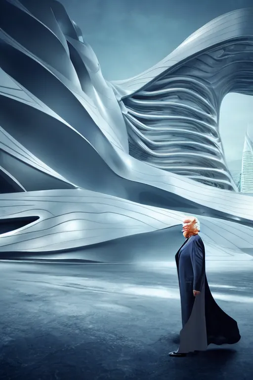 Image similar to a futuristic scene with an log silver haired beautiful donald trump in a white flowing dress, in front of a zaha hadid building, cinematic matte painting, extreme detail photo quality, dark moody colors, featured on behance