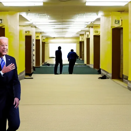 Image similar to Joe Biden lost in the backrooms, old moist carpet, mono-yellow, fluorescent lights, randomly segmented rooms, eerie