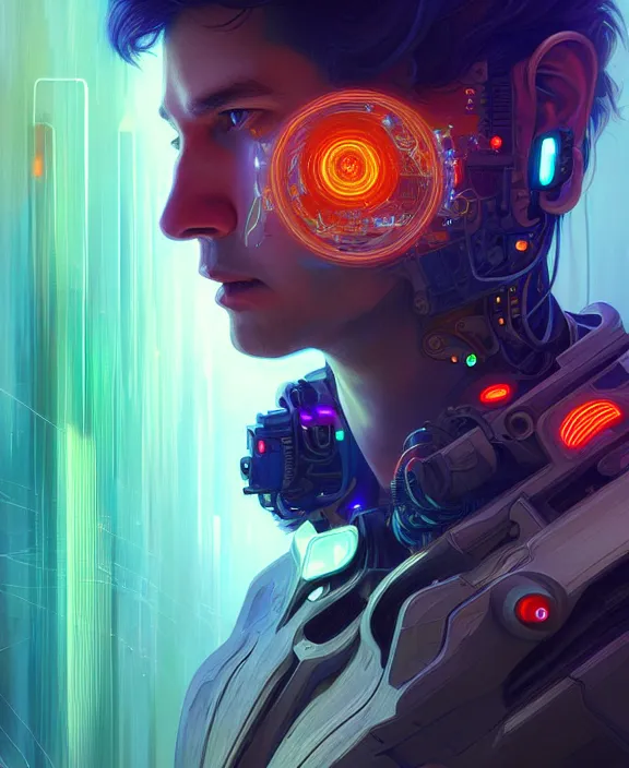 Image similar to a whirlwind inside the metaverse, guy, male, man, hologram, half body, neurochip, android, cyborg, cyberpunk face, by loish, d & d, fantasy, intricate, elegant, highly detailed, colorful, digital painting, artstation, concept art, art by artgerm and greg rutkowski and alphonse mucha