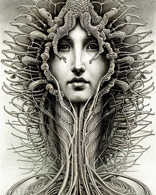 Image similar to realistic detailed underwater portrait of the beutiful young goddess of the fish of the three times with an intricate headdress of corals, sea kelp, sea plants, fish, jellyfish, art by ernst haeckel, zdzisław beksinski, gothic, neo - gothic, ornamental,