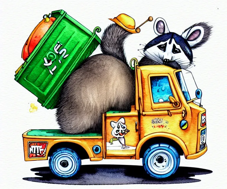 Image similar to cute and funny, racoon wearing a hat riding in a tiny garbage truck, ratfink style by ed roth, centered award winning watercolor pen illustration, isometric illustration by chihiro iwasaki, edited by range murata, tiny details by artgerm and watercolor girl, symmetrically isometrically centered, sharply focused