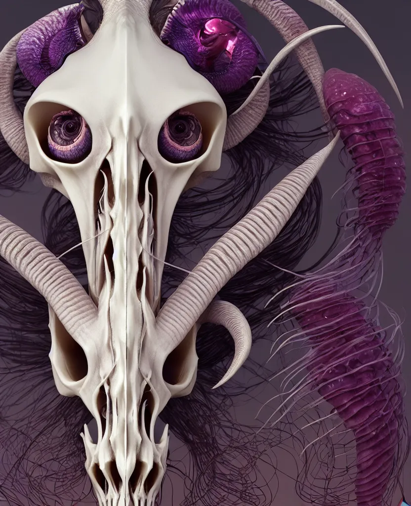 Image similar to goddess close-up portrait goat skull. jellyfish phoenix head, nautilus, orchid, skull, betta fish, bioluminiscent creatures, intricate artwork by Tooth Wu and wlop and beeple. octane render, trending on artstation, greg rutkowski very coherent symmetrical artwork. cinematic, hyper realism, high detail, octane render, 8k