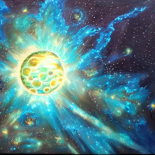 Image similar to highly detailed artwork, dyson sphere, deep cyan background nebula, acrylic painting