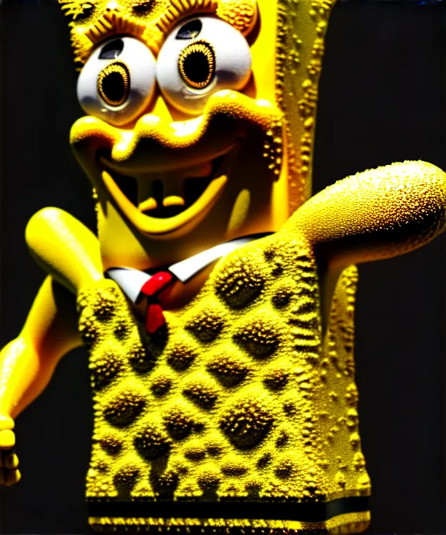 Prompt: complex 3 d render of a porcelain spongebob. gold and black, 1 5 0 mm, beautiful natural soft light, rim light, gold fractal details, fine lace, mandelbot fractal, anatomical, glass, facial muscles, elegant, ultra detailed, metallic armor, octane render