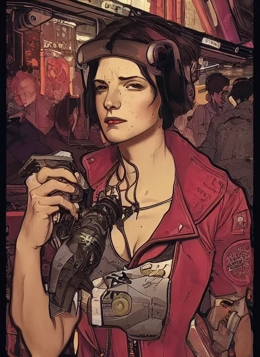 Image similar to cyberpunk bartender. portrait by ashley wood and alphonse mucha and laurie greasley and josan gonzalez and james gurney. spliner cell, apex legends, rb 6 s, hl 2, d & d, cyberpunk 2 0 7 7. realistic face. vivid color. dystopian setting.