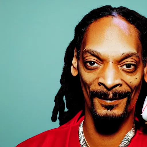 Image similar to Snoop Dog with big eyes eye color red , smiling and holding a joint in his hand