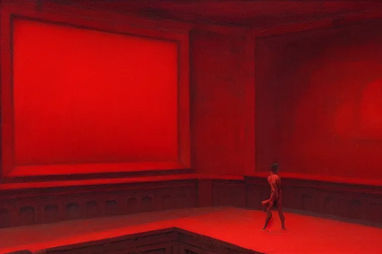 Image similar to only with red, crowd screaming, an exposed painting in a roman theater, in the style of beksinski, parts by edward hopper, parts by rodcenko, parts by yue minjun, intricate and epic composition, red by caravaggio, insanely quality, highly detailed, masterpiece, red light, artstation, 4 k