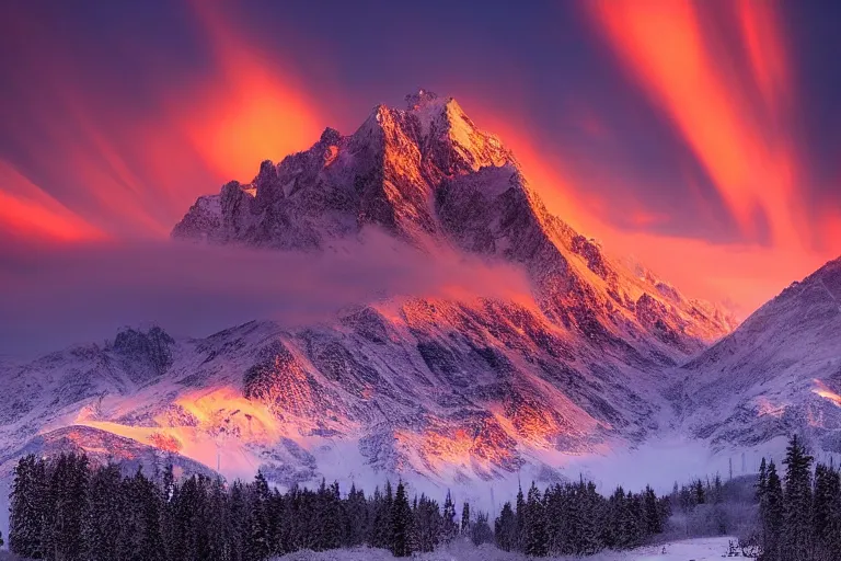 Image similar to amazing landscape photo of snowy mountains at sunset by marc adamus beautiful dramatic lighting