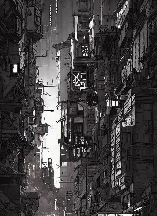 Image similar to cyberpunk city street, mike mignola style, comics, beautiful composition, wide angle, cinematic, volumetric lighting, intricate details