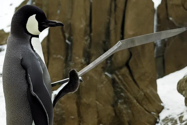 Prompt: vfx movie scene closeup penguin in ancient armor holding a katana in a green arctic. by emmanuel lubezki