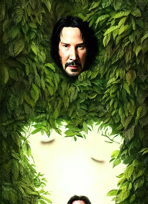 Image similar to highly detailed comedy caper movie poster with keanu reeves hiding in leaves, keanu reeves face inside a leafy bush by greg rutkowski