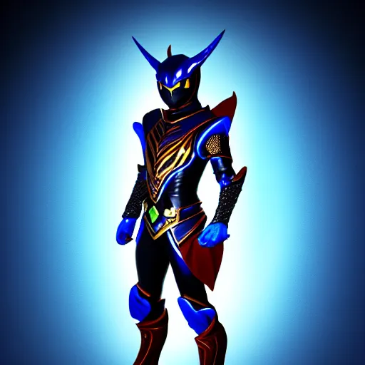 Prompt: High Fantasy Kamen Rider, single character full body, 4k, glowing eyes, daytime, rubber suit, dark blue segmented armor, dragon inspired armor, centered