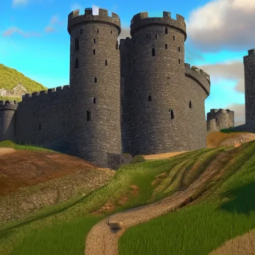 Image similar to a beautiful landscape with a couple of castles in a couple of farms next to the castle interact with the lighting super duper hyper - realistic