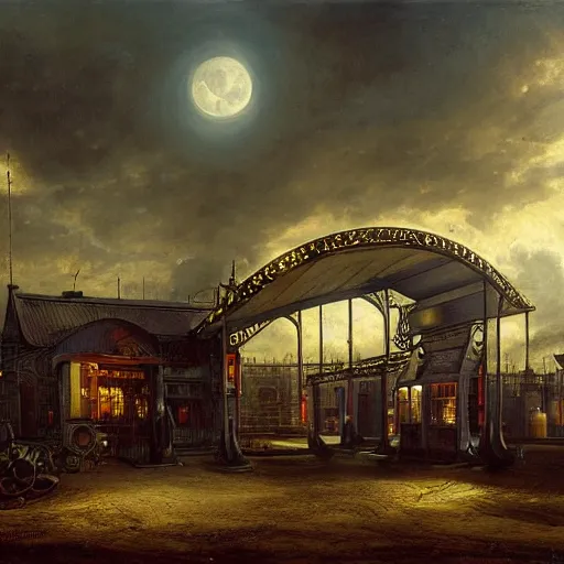 Prompt: painting of hr giger scifi organic shaped gas station with ornate metal work lands on a farm, fossil ornaments, volumetric lights, purple sun, andreas achenbach