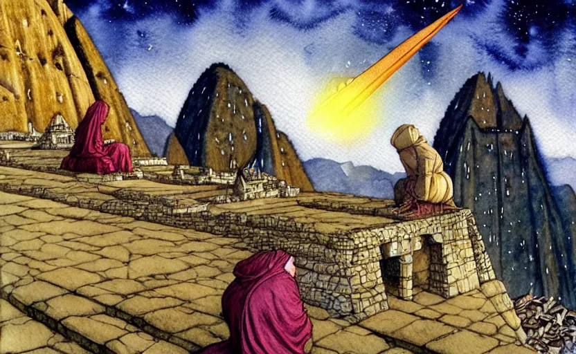 Prompt: a realistic and atmospheric watercolor fantasy concept art of a golden ufo landing on top of machu pichu. in the foreground a female medieval monk in grey robes is kneeling with her hands by her sides. by rebecca guay, michael kaluta, charles vess and jean moebius giraud