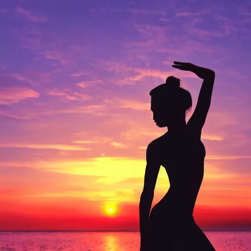 Prompt: silhouette of a dancer on the beach, sunset, photorealistic hd