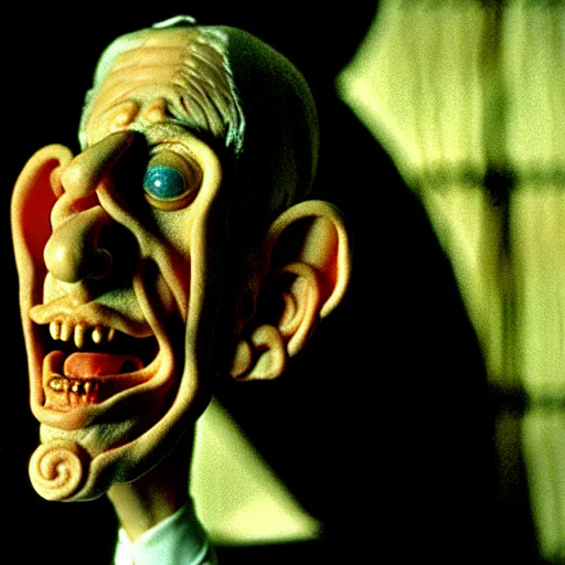 Image similar to claymation anthony fauci by jan svankmajer, hyperrealistic, very detailed, 3 5 mm film still, gothic, horror, eldritch