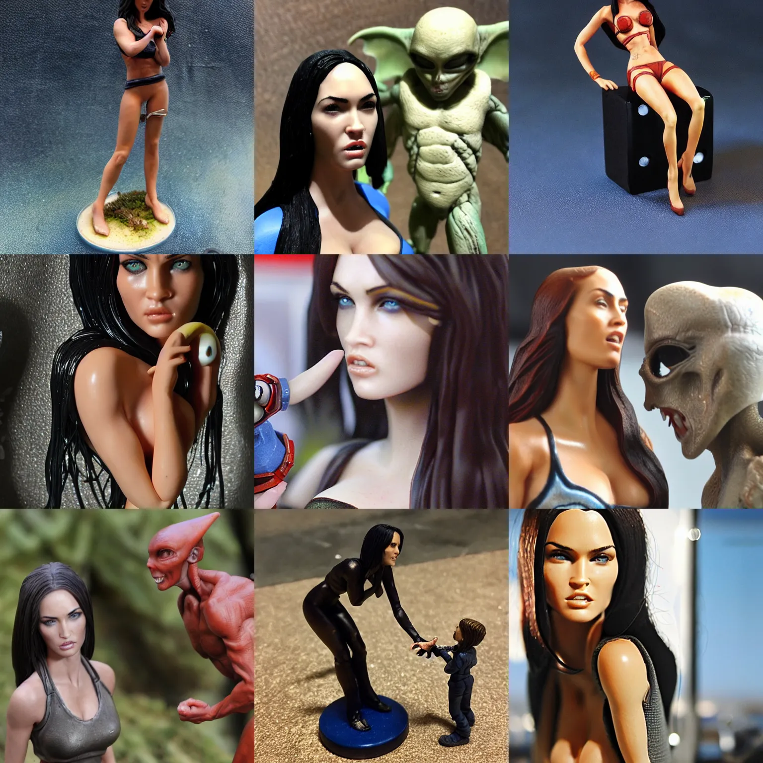 Prompt: 80mm resin miniature of Megan Fox talking with a Alien; Photo.