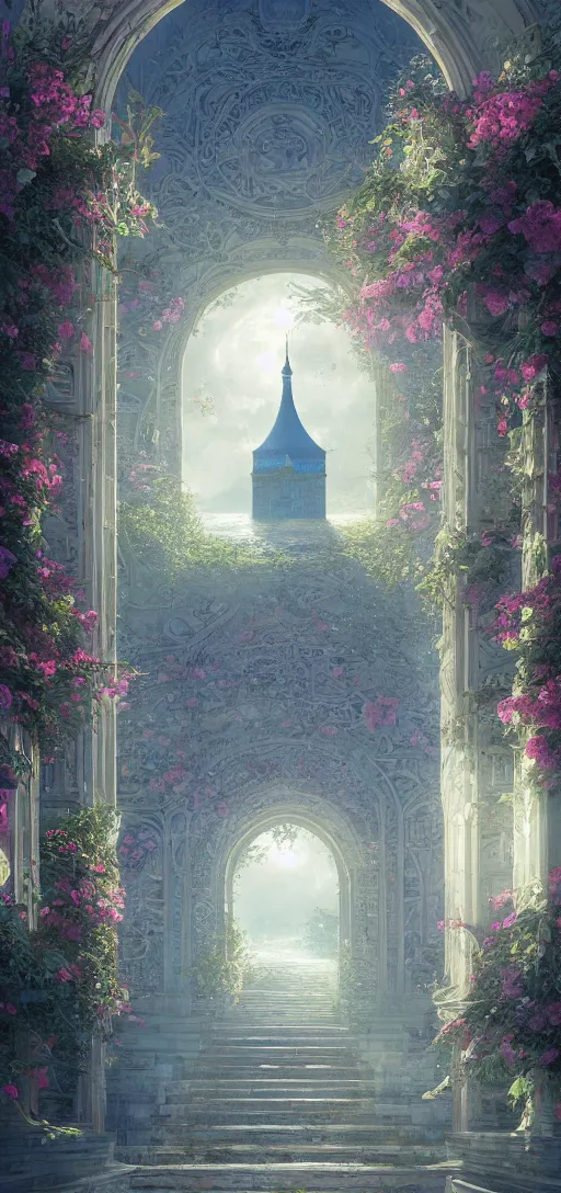 Image similar to vanishing point palace is like the kremlin covered with aqua blue roses on a lake, viewed from afar, stephen bliss, misty, unreal engine, fantasy art by greg rutkowski, loish, ferdinand knab, and lois van rossdraws,, global illumination, radiant light, minimalist, detailed and intricate environment