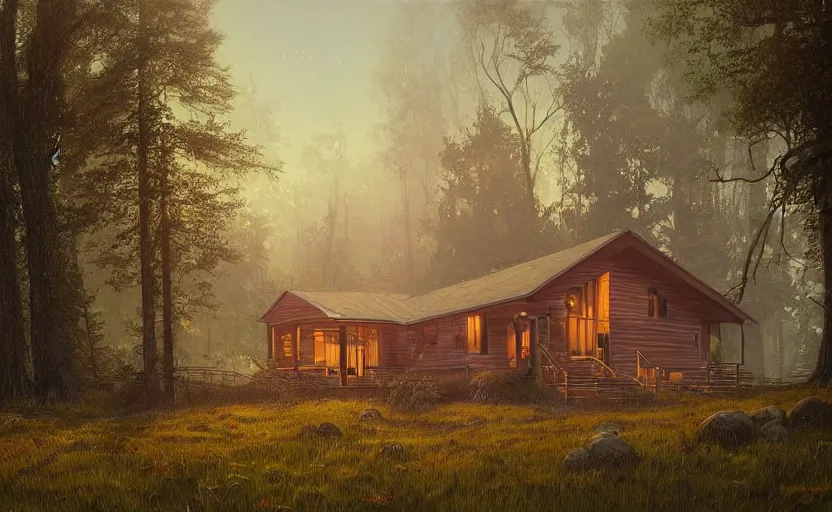 Image similar to a highly detailed epic cinematic concept art CG render digital painting artwork: small family cabin House, modern archetecture, excessove vegetation, foggy, dreamy, golden hour sunset By Greg Rutkowski, in the style of Francis Bacon and Syd Mead and Norman Rockwell and Beksinski, open ceiling, highly detailed, painted by Francis Bacon and Edward Hopper, painted by James Gilleard, surrealism, airbrush, Ilya Kuvshinov, WLOP, Stanley Artgerm, very coherent, triadic color scheme, art by Takato Yamamoto and James Jean