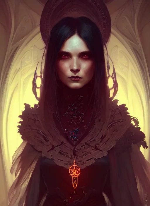 Image similar to Necromancer Sorceress, fantasy magic, undercut hairstyle, dark light night, intricate, elegant, sharp focus, illustration, highly detailed, digital painting, concept art, matte, art by WLOP and Artgerm and Greg Rutkowski and Alphonse Mucha, masterpiece