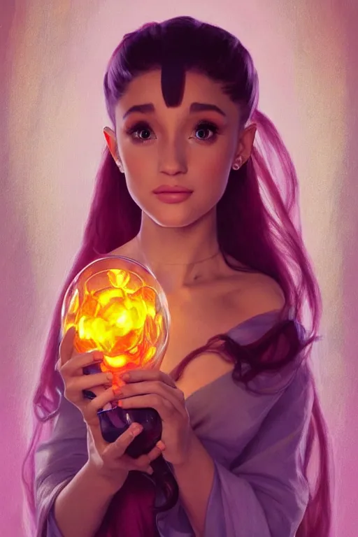 Prompt: beautiful cottagecore Ariana Grande holding a nuclear glowing colored vase. intricate, elegant. highly detailed, digital painting, artstation, concept art, smooth, sharp, focus, illustration. . art by artgerm and greg rutkowski and alphonse mucha