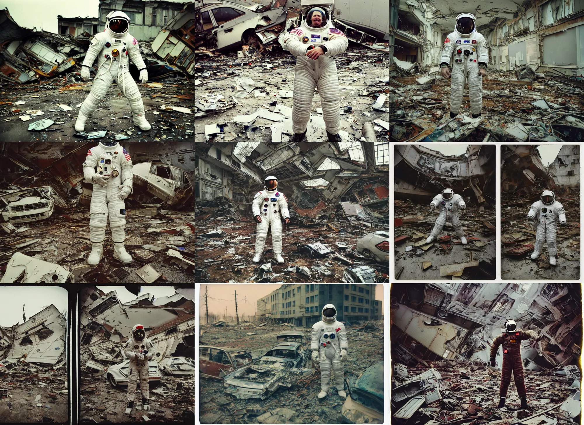 Prompt: american white spacesuit astronaut winning pose in postapocalyptic abandoned destroyed legnica, wrecked buildings, destroyed flipped wrecked cars, polaroid photo, vintage, neutral colors, rainy day, by gregory crewdson