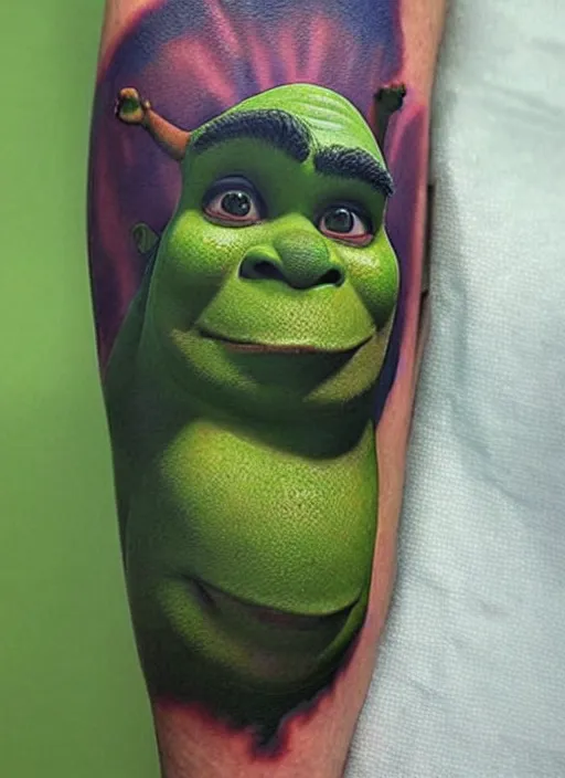 Image similar to 😆 Shrek, dope tattoo, hyperrealistic