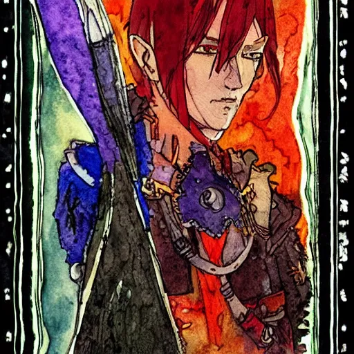 Image similar to watercolor, final fantasy tactics character, barbarian on mars, artwork by harry clarke, shrouded