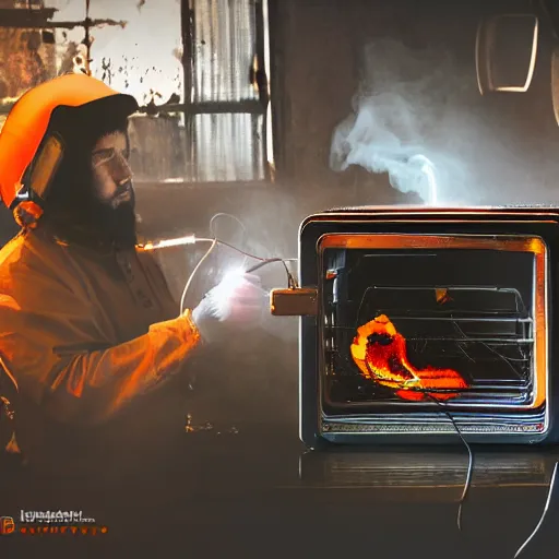 Image similar to cyborg toaster oven repairman, dark messy smoke - filled cluttered workshop, dark, dramatic lighting, orange tint, sparks, plasma rays, cinematic, highly detailed, sci - fi, futuristic, movie still, rule of thirds composition