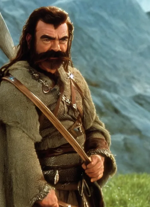 Image similar to film still of tom selleck as gimli in lord of the rings, 4 k