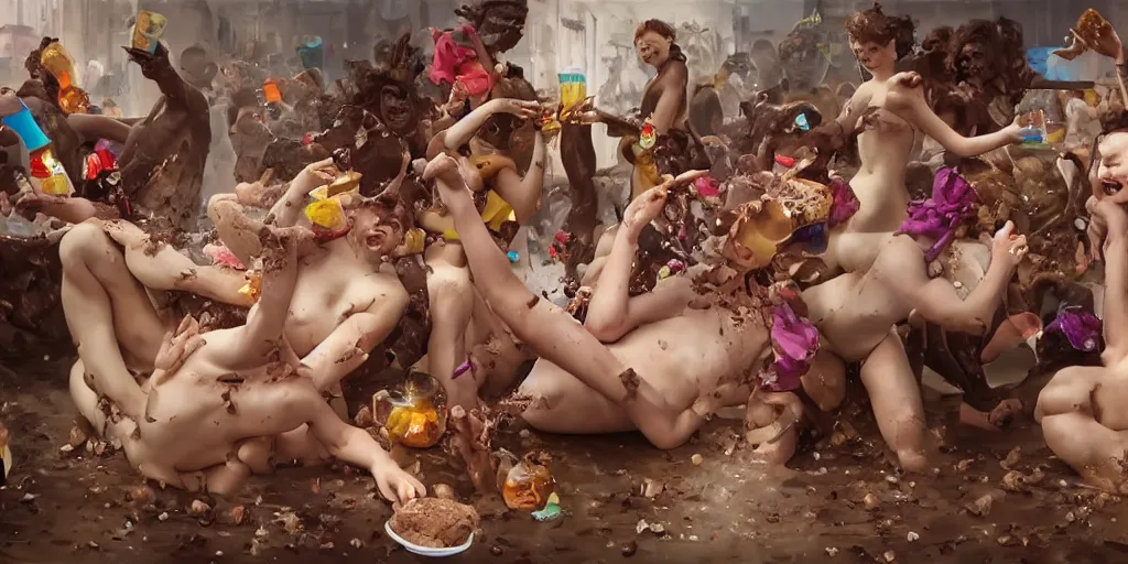 Prompt: most absurd and crazy surreal photoshoot for advertisement photoshoot lookbook for chocolate brand, people playing and throwing melted chocolate, people pouring chocolate on top of each other, drinking and celebration of chocolate and candy, 8 k, artstation, art by artgerm and greg rutkowski and alphonse mucha