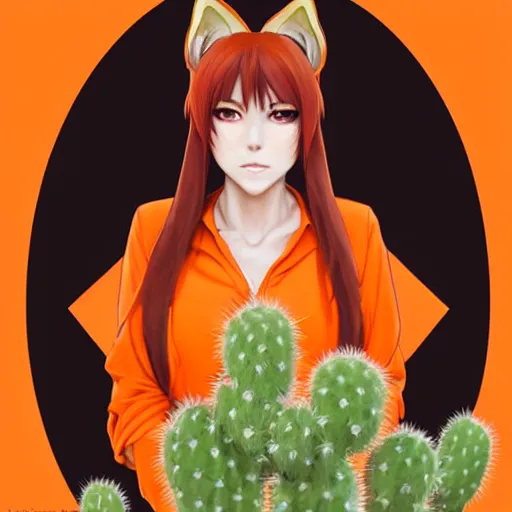 Prompt: A red-haired anime girl with fox ears and an evil grin in an orange jumpsuit holds a cactus artwork of a single character, highly detailed, digital painting, artstation, smooth, sharp focus, illustration, art by artgerm and greg rutkowski and alphonse mucha